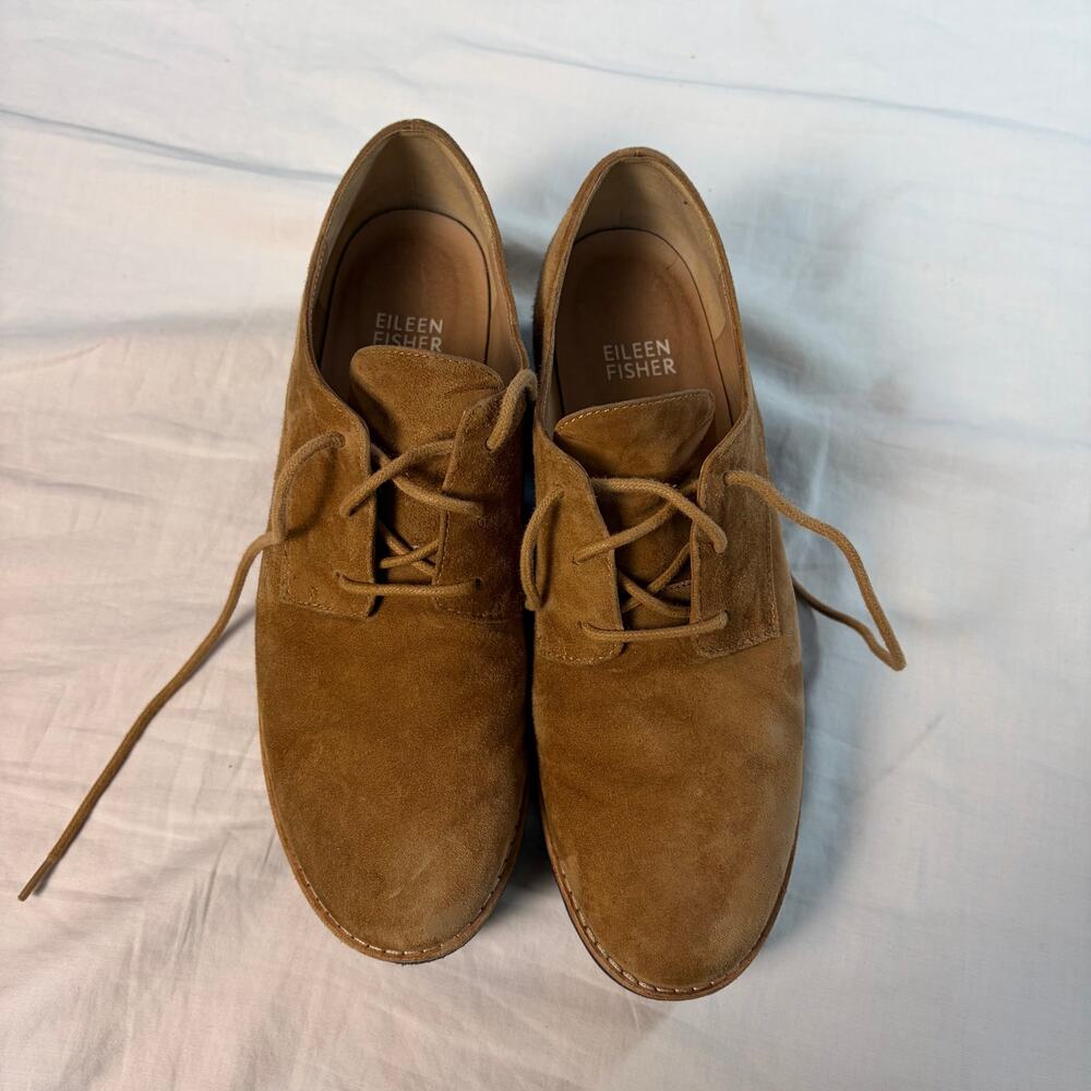 Eileen Fisher womens tan suede platform oxfords. Size 6M. preppy, academic brown - Picture 3 of 8
